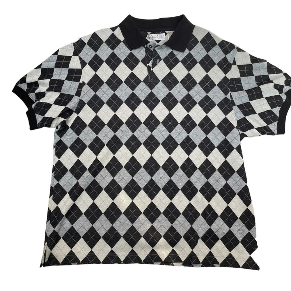 Vintage Grand Slam Mens XL Casual Argyle Retro Cotton Blend Short Sleeve Black